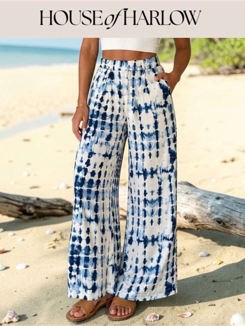 HOUSE OF HARLOW BLUE TIE DYE WIDE LEG TROUSER PANTS BOHO COASTAL SIZE LARGE